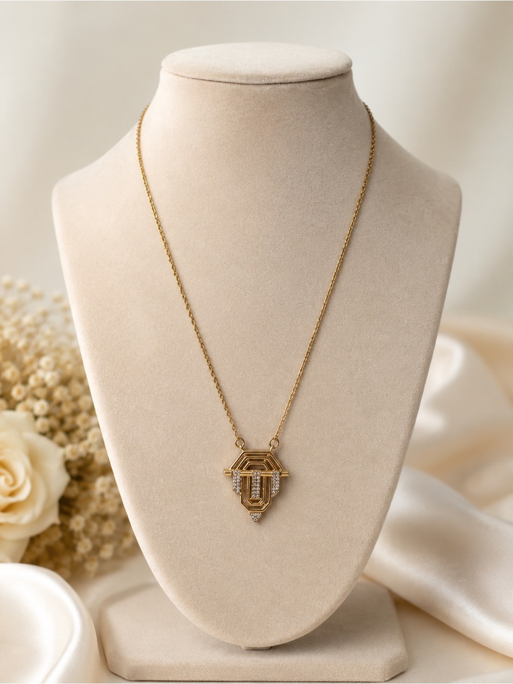 Gold Tone Geometric Pendant Necklace Clear Rhinestone Elegant Statement Jewelry - Picture 1 of 5